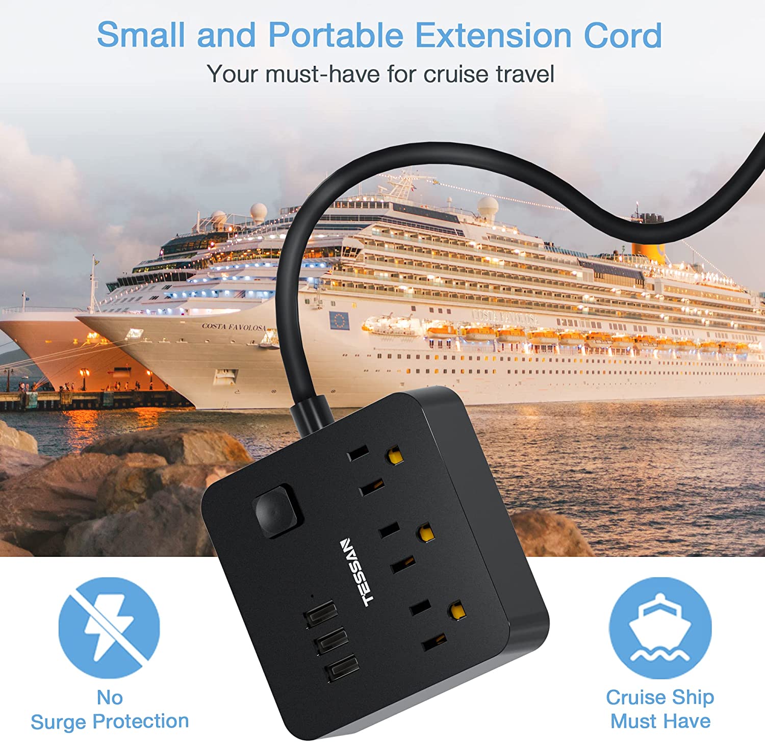 TESSAN 5/10 ft Long Flat Plug Power Strip with 3 AC Outlet Compact Desktop Charging Station 125V 10 A for Home