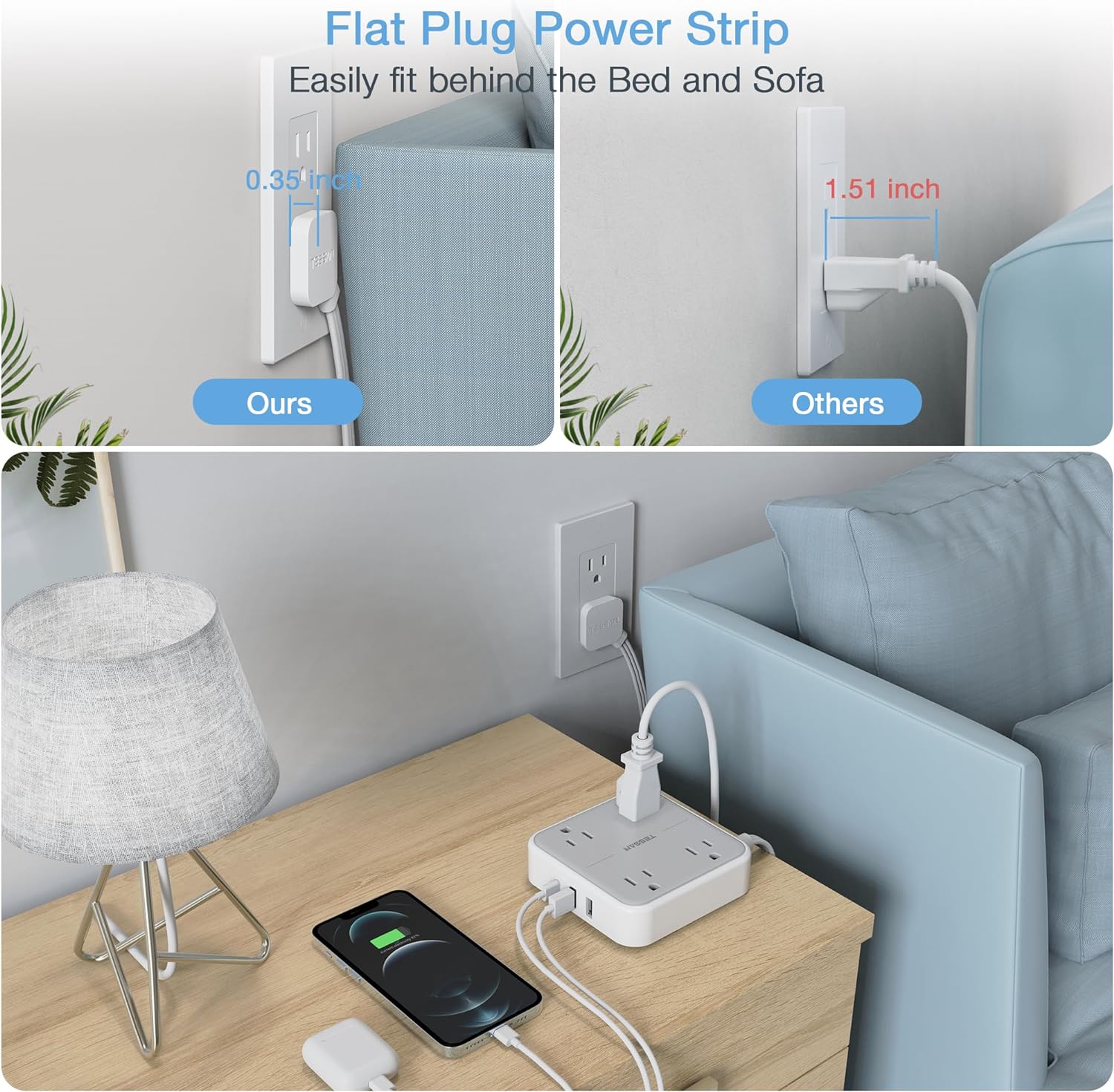 TESSAN 5 ft Ultra Thin Extension Cord with 3 USB Wall Charger(1 USB C Port)