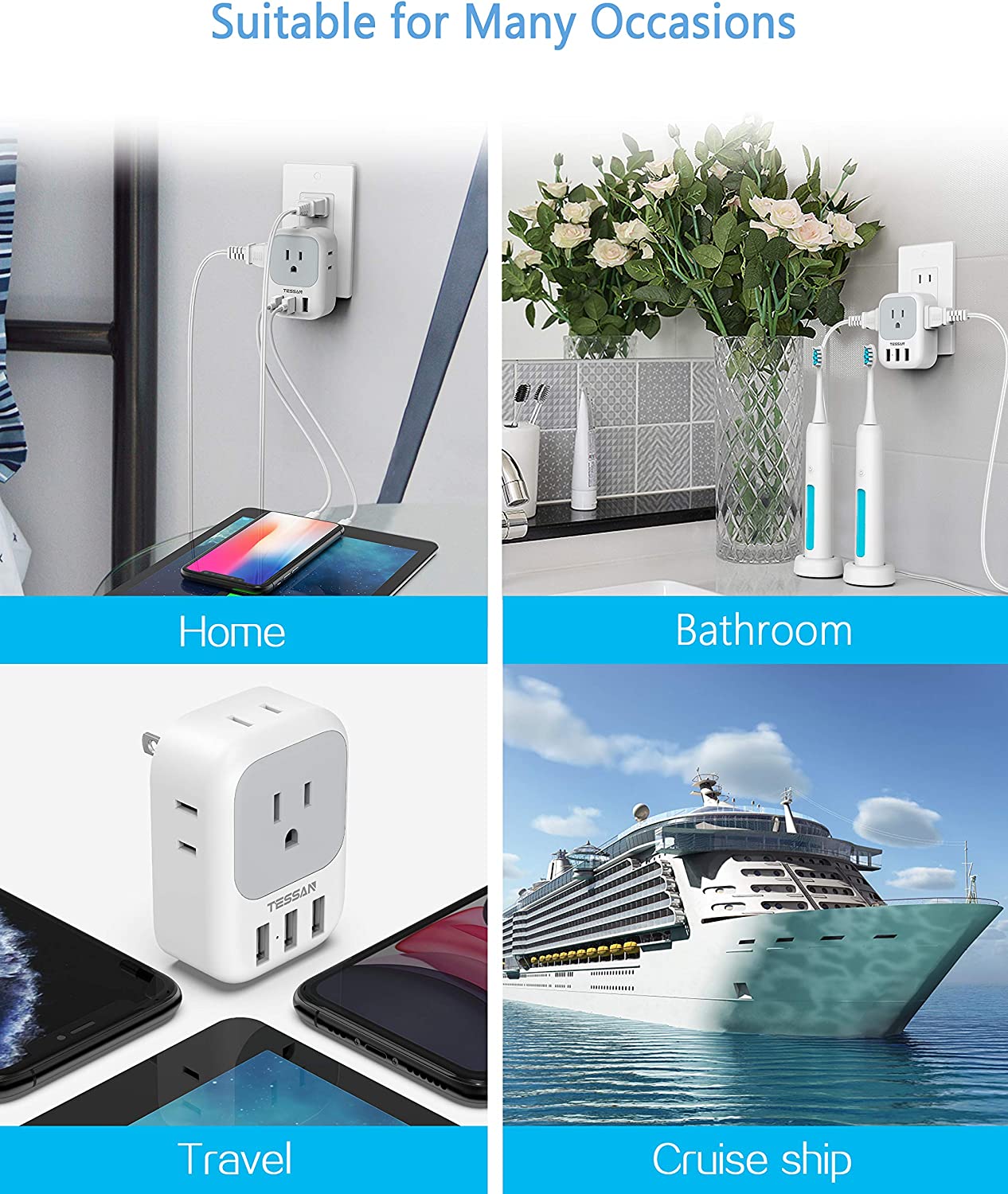 TESSAN US to Japan Plug Adapter with 4 AC Outlets 3 USB Ports