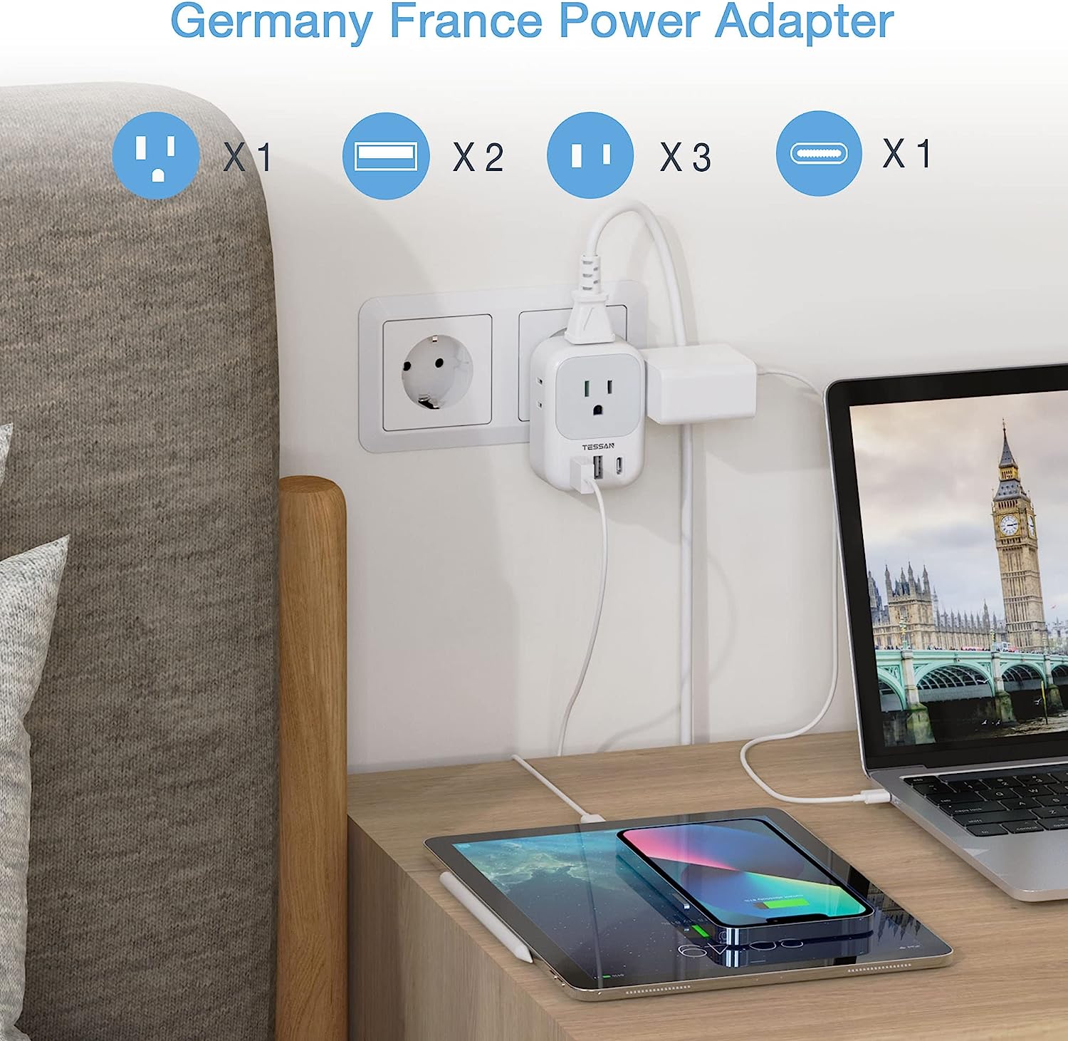 Germany France Power Adaptor with 3 USB Charger Ports(1 USB C), 2 Pack