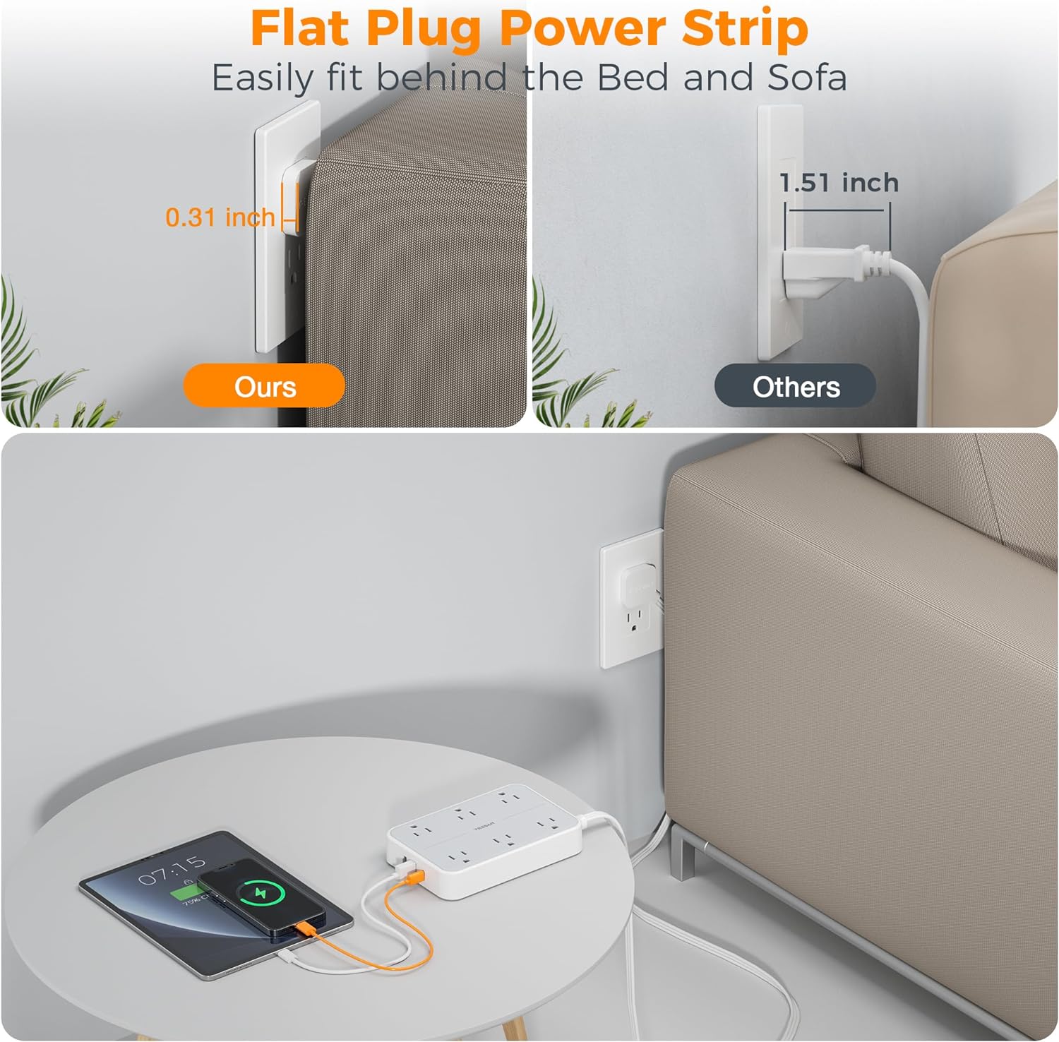 TESSAN Flat Plug Ultra Thin Extension Cord with 6 Wide-Spaced Outlets 3 USB Ports (1 USB C Port), Surge Protector Power Strip 10 ft