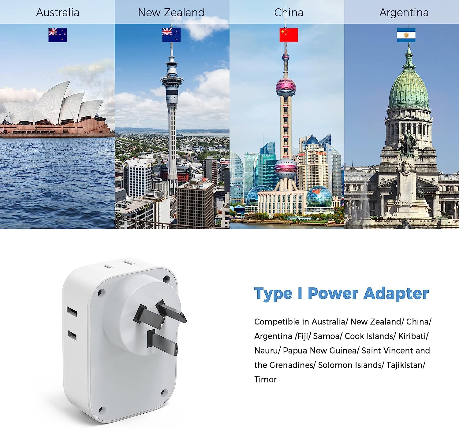 TESSAN Australia Travel Adaptor with 4 American Outlets 3 USB Charger