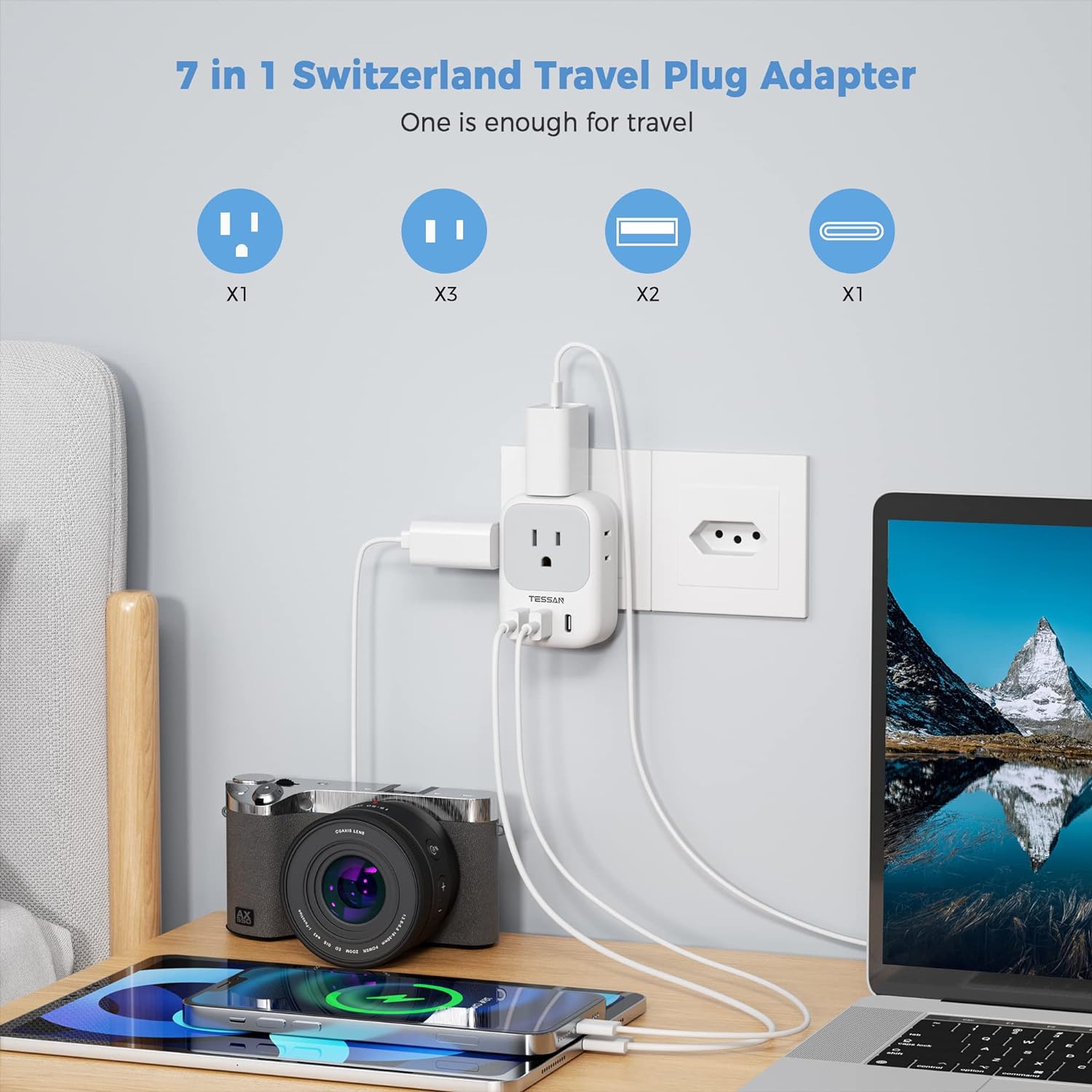 TESSAN US to Switzerland Plug Adapter with 4 American Outlets 3 USB Charger (1 USB C Port)