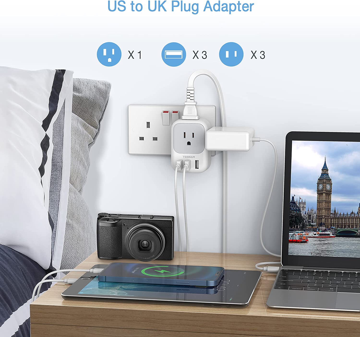 TESSAN US to UK Plug Adapter, 4 American Outlets 3 USB, 2 Pack