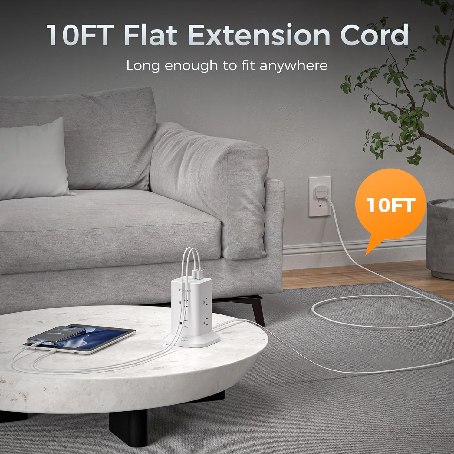 TESSAN Flat Plug Extension Cord with 8 AC Outlets 3 USB Ports (1 USB C), Surge Protector Power Strip Tower 10 FT