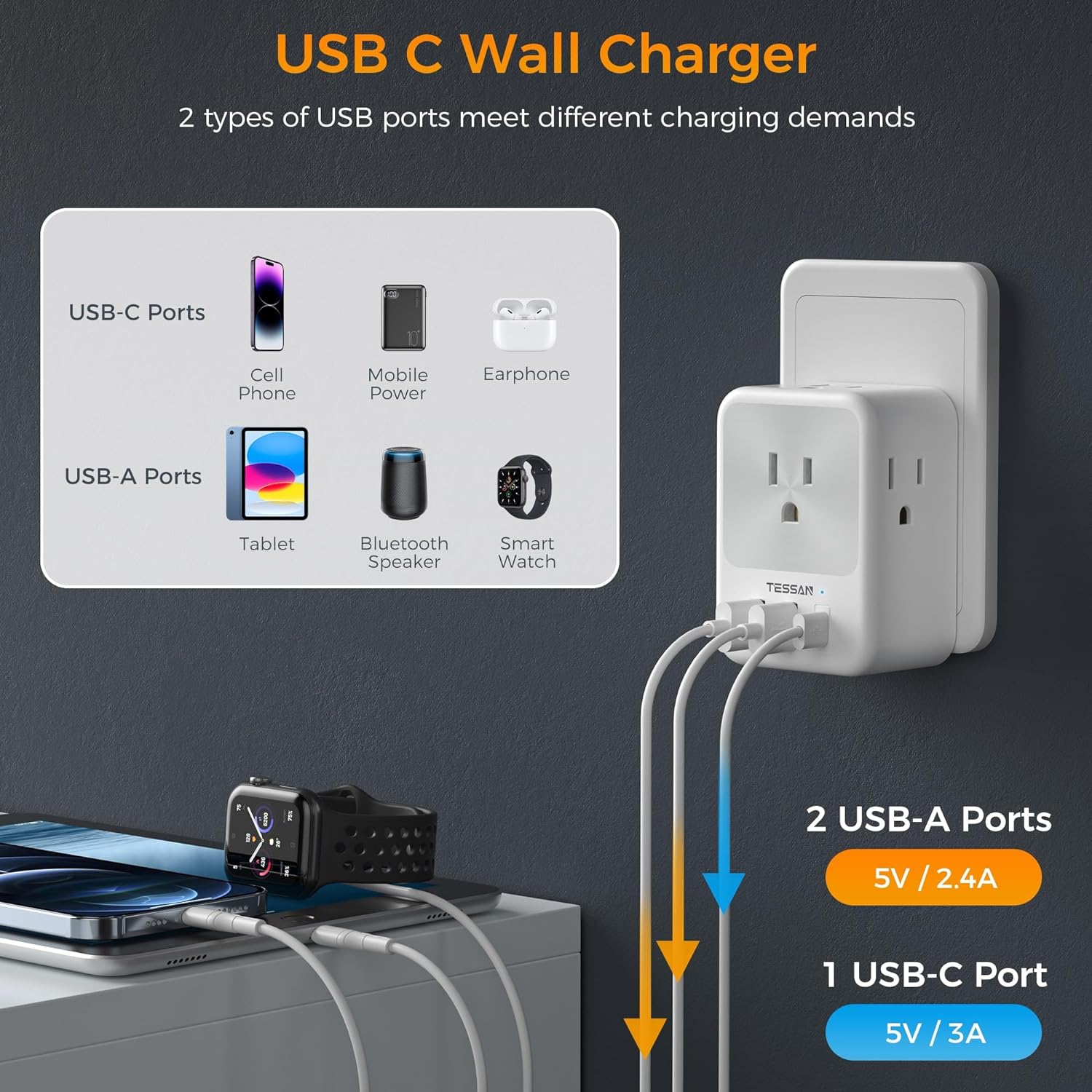 TESSAN Italy Power Adapter with 4 Outlets 3 USB Ports (1 USB C), Italy Travel Plug Adapter 2 Packs