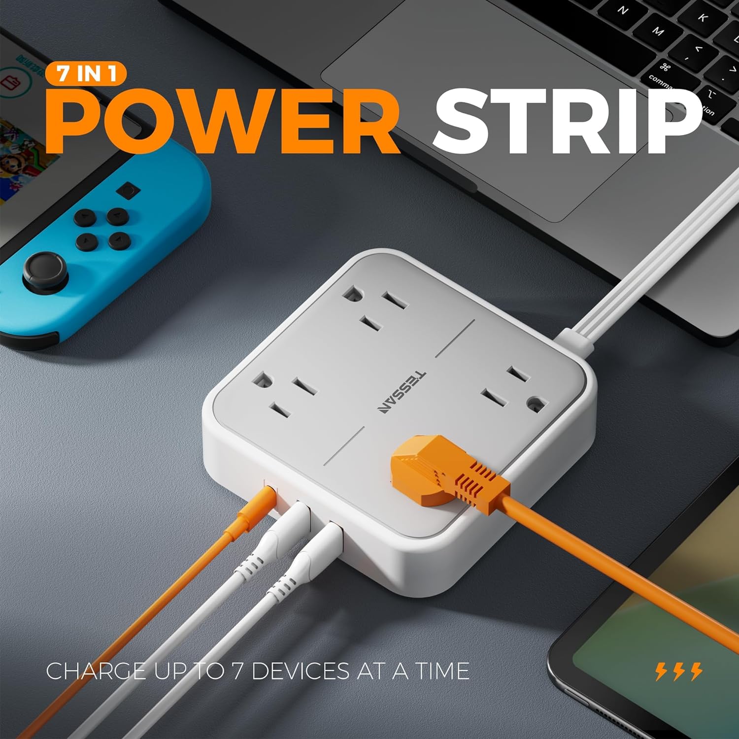 TESSAN Flat Plug Surge Protector Power Strip,5 ft Ultra Thin Extension Cord with 1 USB C