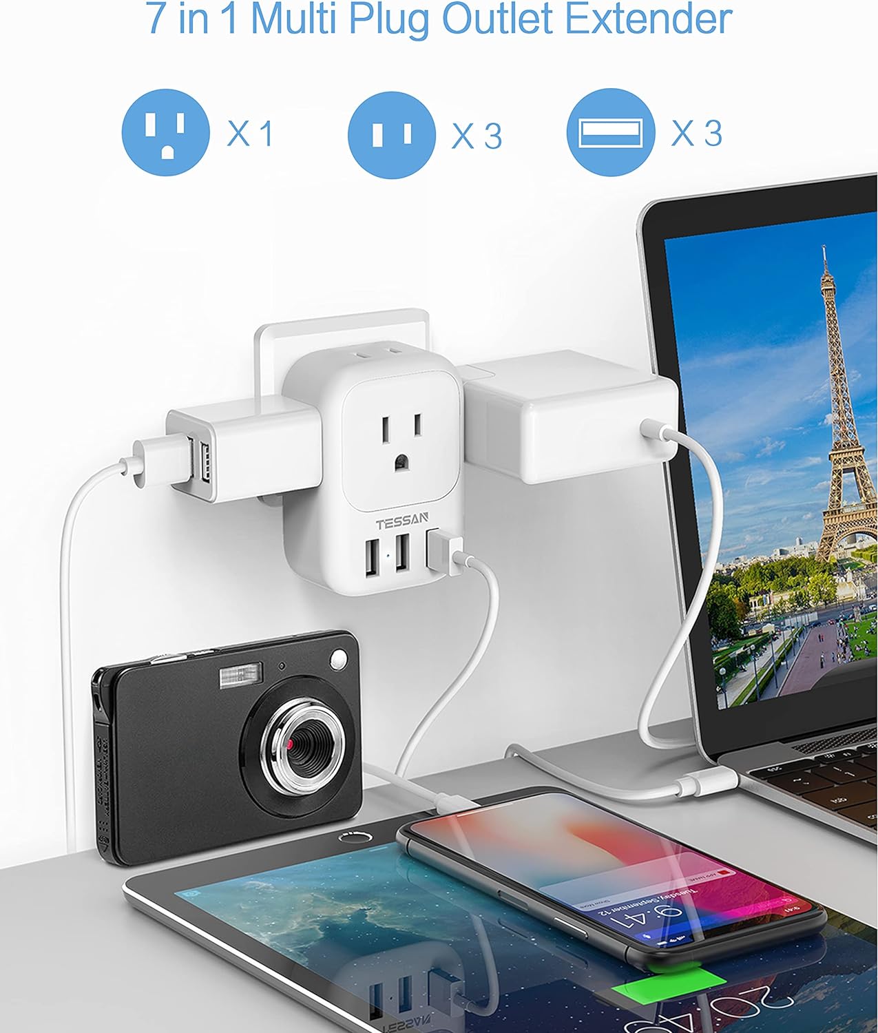 TESSAN Electrical 4 Box Splitter 3 USB Wall Charger, Multi Plug Outlet Extender with USB