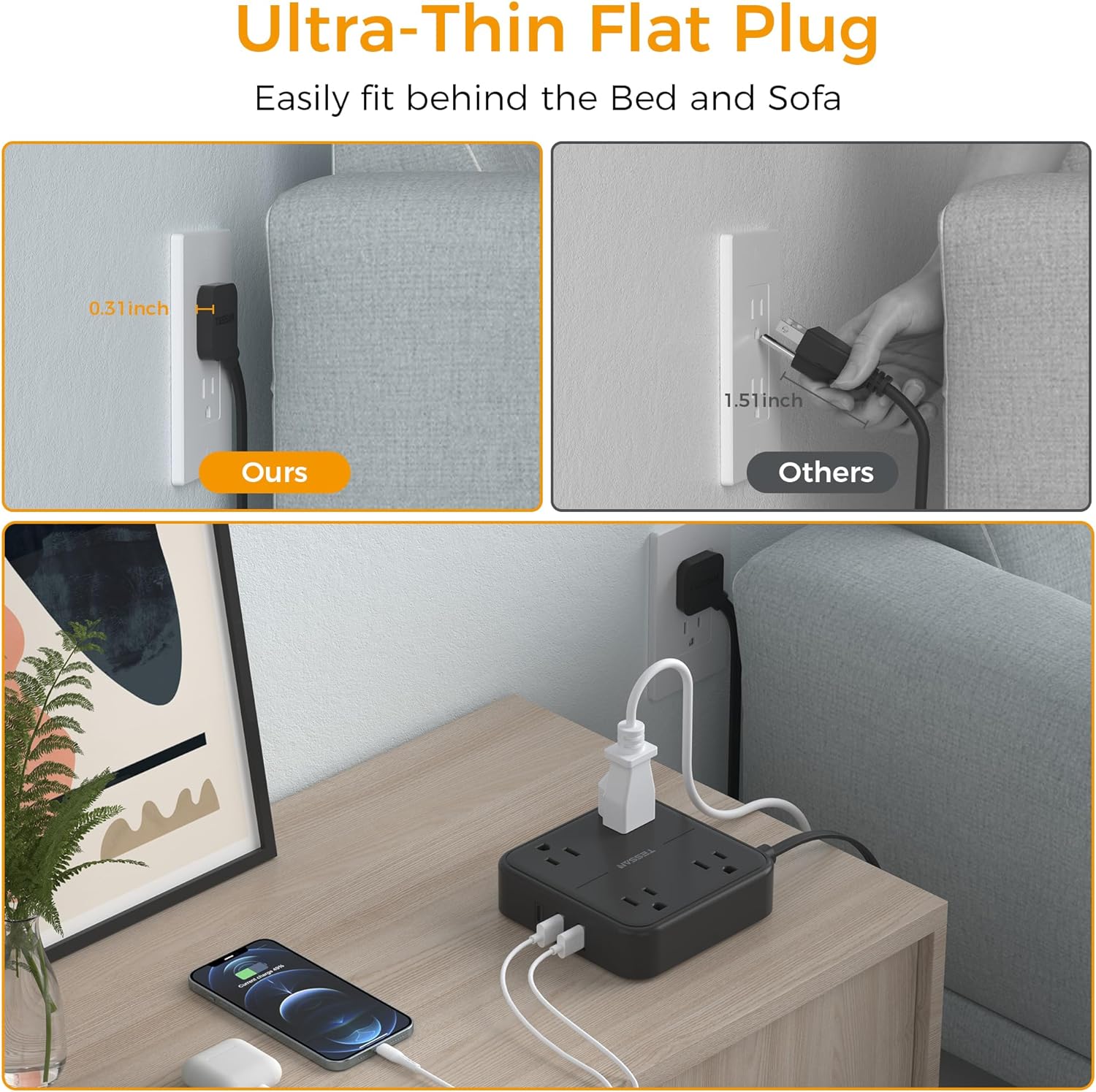 TESSAN 5 ft Ultra Thin Black Extension Cord with 3 USB Wall Charger(1 USB C Port), Flat Plug Power Strip