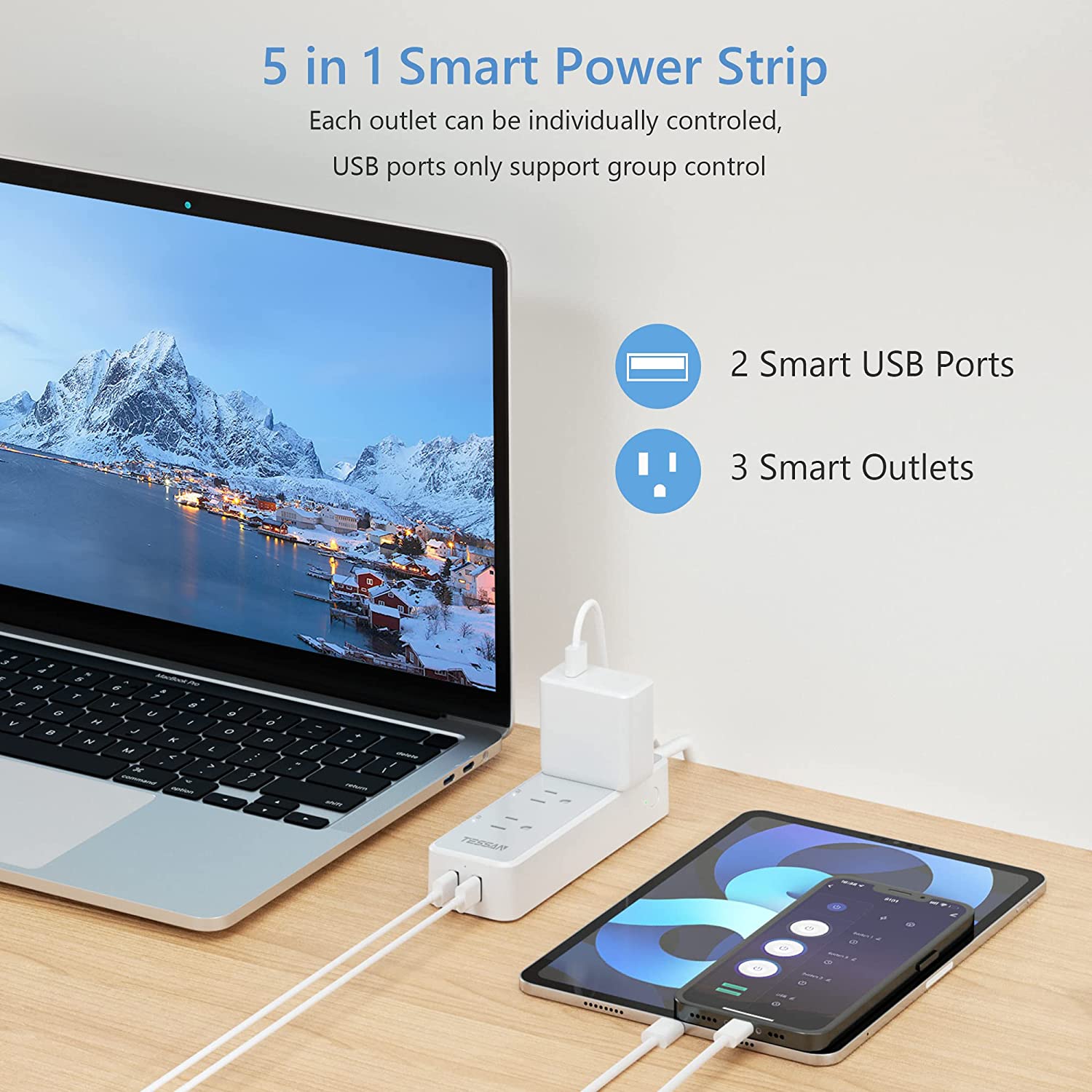 TESSAN WiFi Extension Cord with 3 Individually Remote Controlled Outlets Socket 2 USB