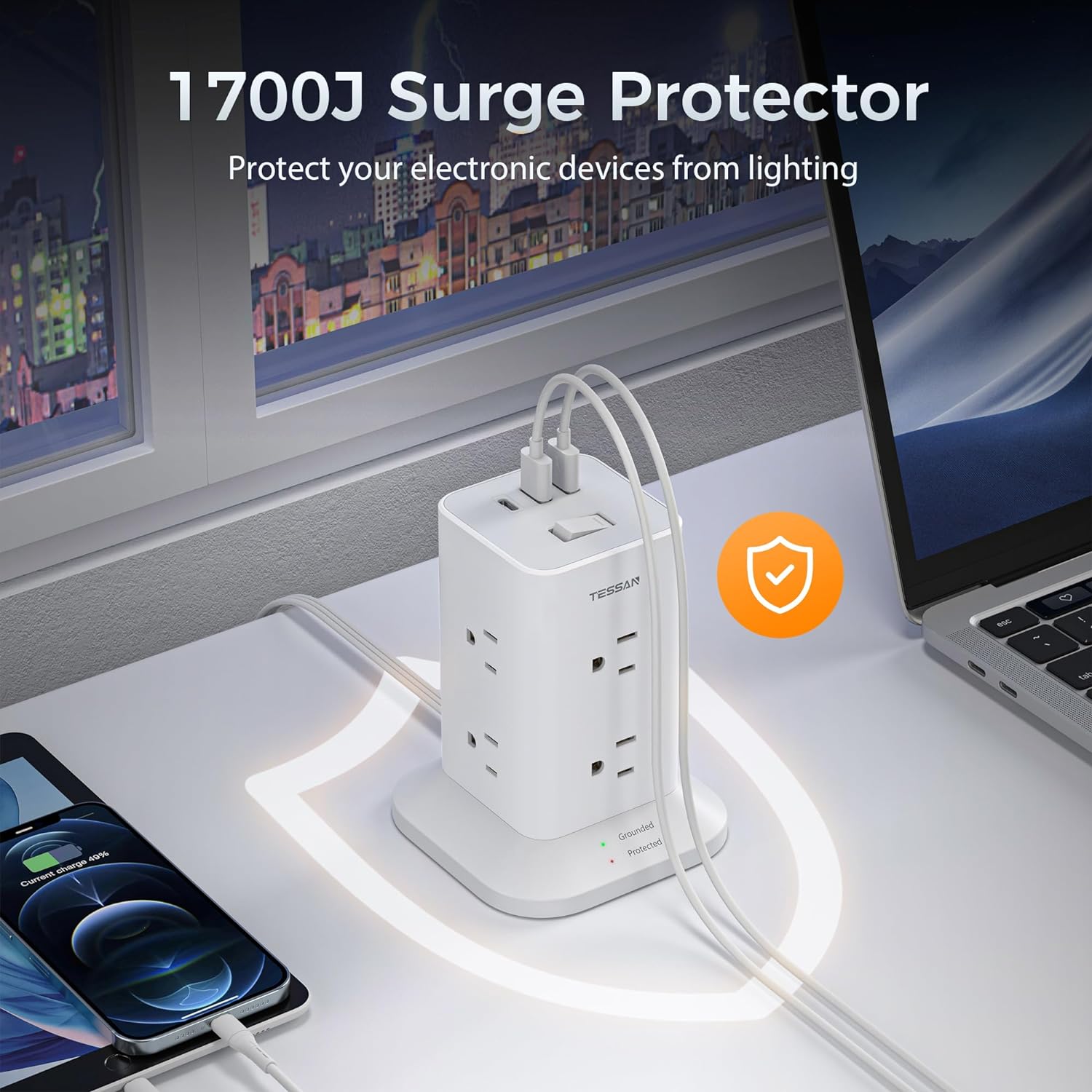 TESSAN Flat Plug Extension Cord with 8 AC Outlets 3 USB Ports (1 USB C), Surge Protector Power Strip Tower 10 FT