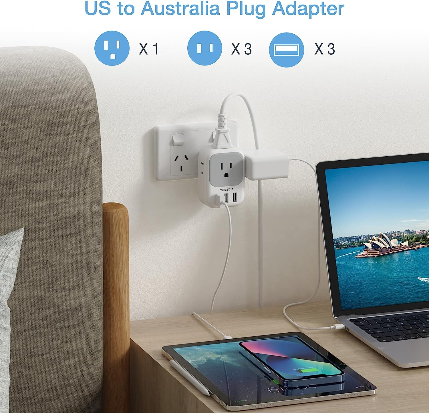 TESSAN USA to Australia Travel Adapter with 4 AC Outlets 3 USB ports