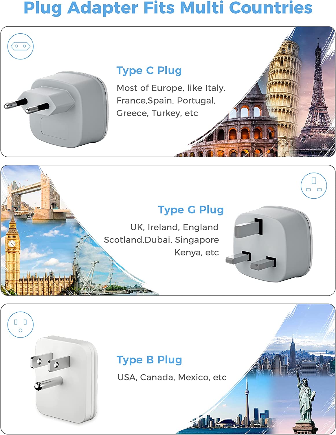 TESSAN European Travel Plug Adapter with Power Strip, EU UK Travel Extension Cord with 3 Outlet 3 USB (1 USB C)