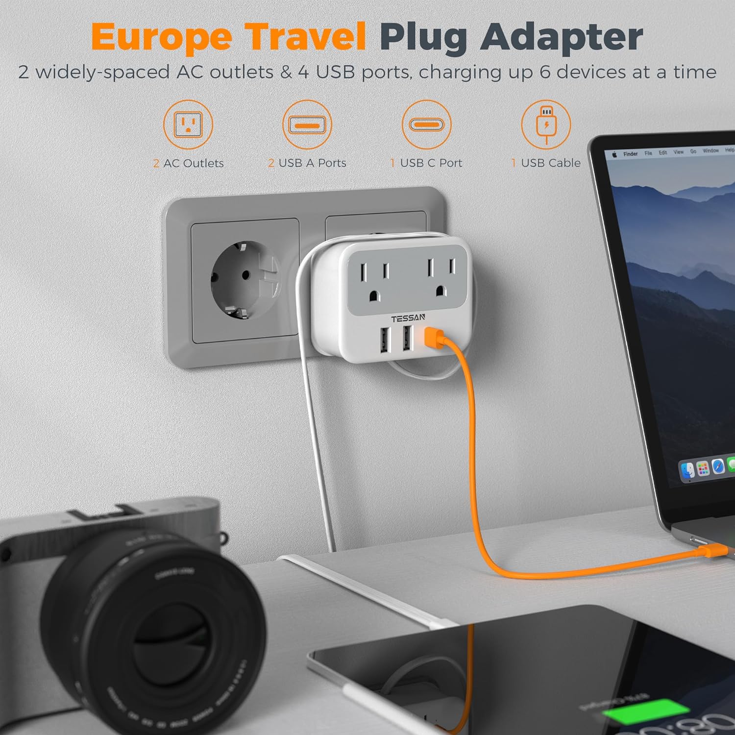 TESSAN European Travel Plug Adapter Built-in 1 Lightning Cable with USB C (Type C)