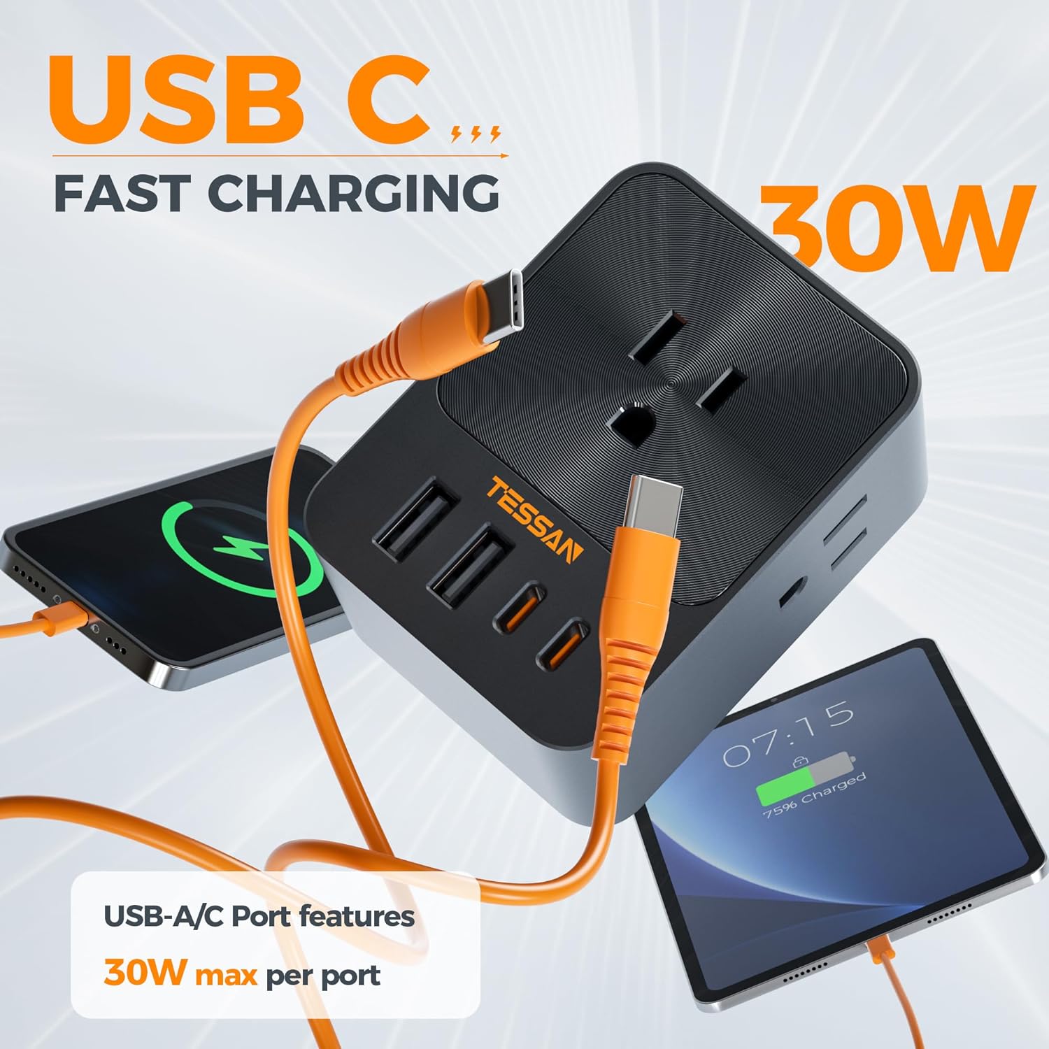 TESSAN 30W USB C Wall Charger, Fast Charging Multi Plug Adapter with 3 Outlet Extender Surge Protector