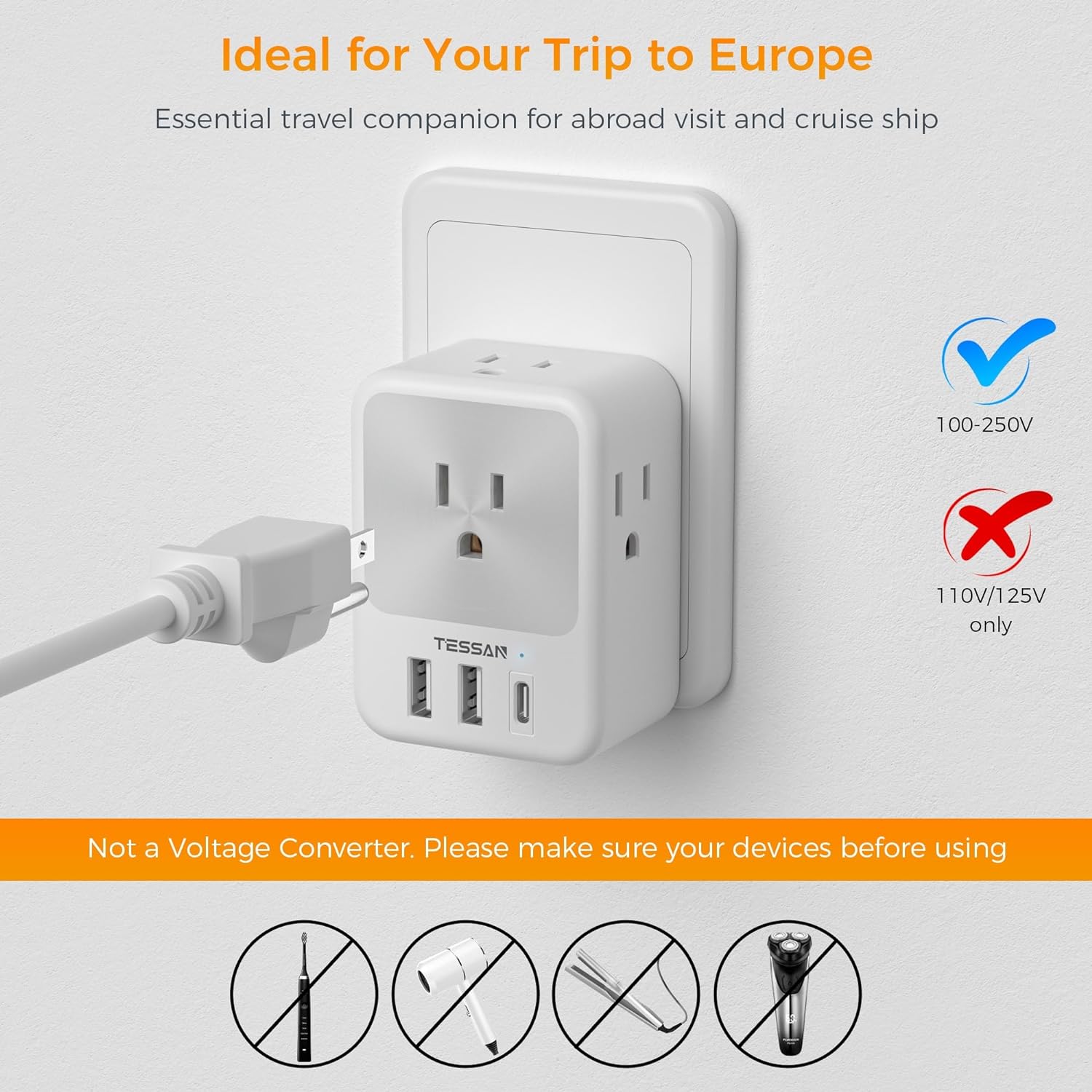 TESSAN Type N Adapter for Brazil with 4 Outlets 3 USB Charging Ports (1 USB C), Brazil Power Adapter Travel Plug