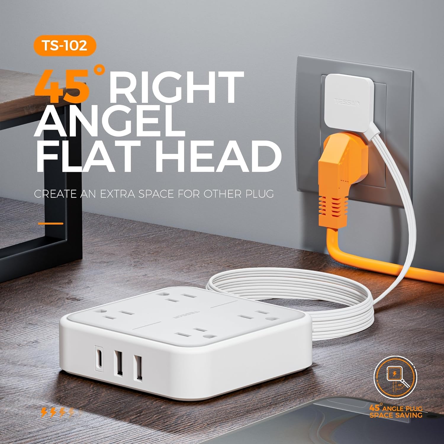 TESSAN Flat Plug Surge Protector Power Strip,5 ft Ultra Thin Extension Cord with 1 USB C
