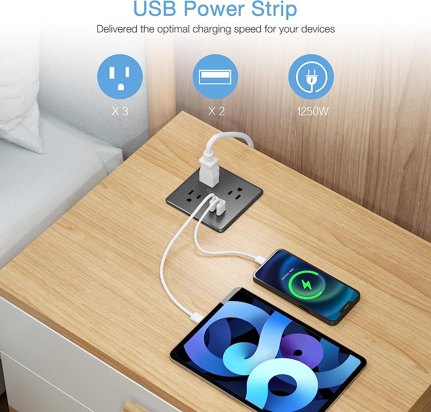 TESSAN Flush Mount Outlet with Surge Protector, Furniture Recessed Power Strip with 2 USB Ports