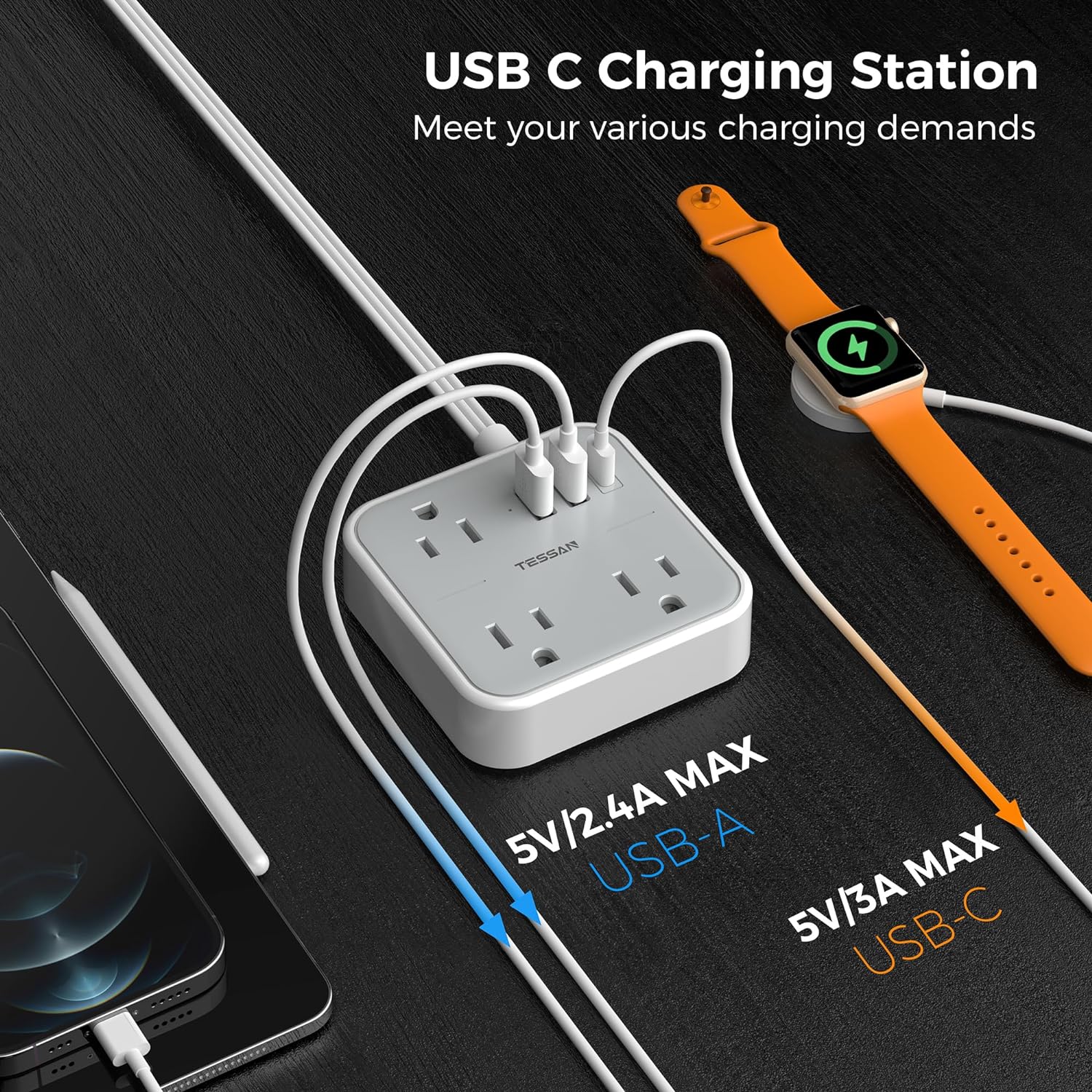 Home Flat Plug Power Strip 5 FT Extension Cord Flat Plug With 3 Outlets 3 USB Ports