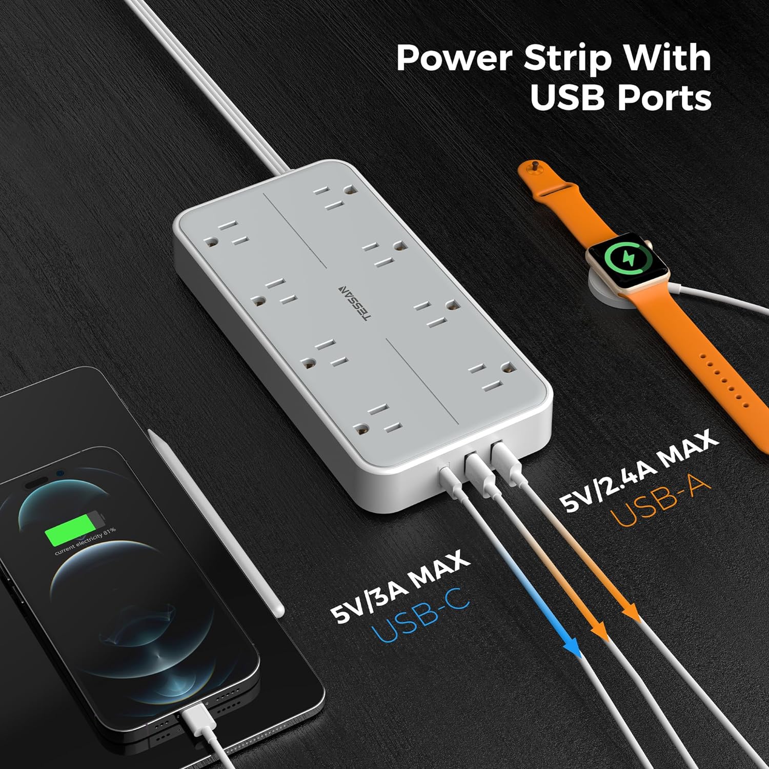 TESSAN Flat Plug Extension Cord with 8 Outlets 3 USB Charger(1 USB C)