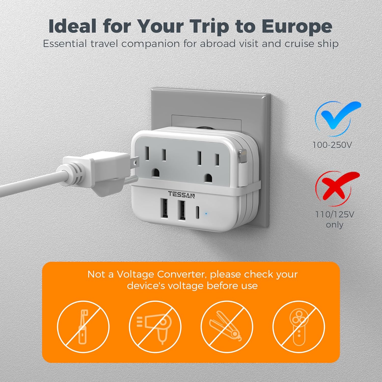 TESSAN European Travel Plug Adapter Built-in 1 Lightning Cable with USB C (Type C)