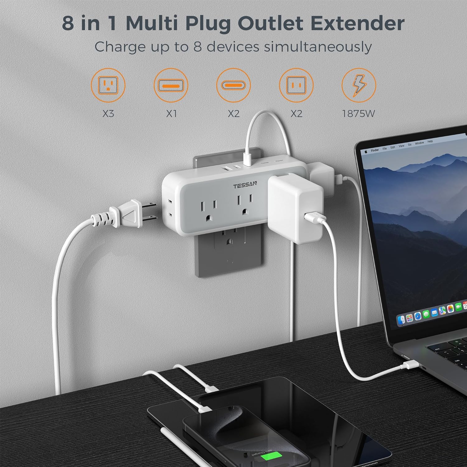 TESSAN Multiple Outlet Splitter with 5 Outlets and 3 USB (2 USB C), Multi Plug Outlet Extender, USB Wall Charger