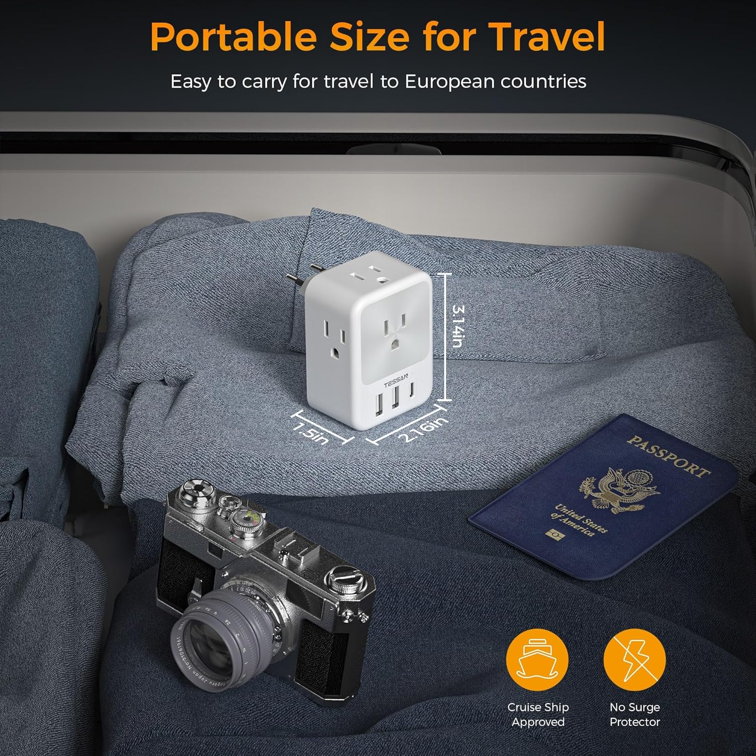TESSAN US to Europe Power Adaptor with 4 Outlets and 1 USB C, 2 Packs