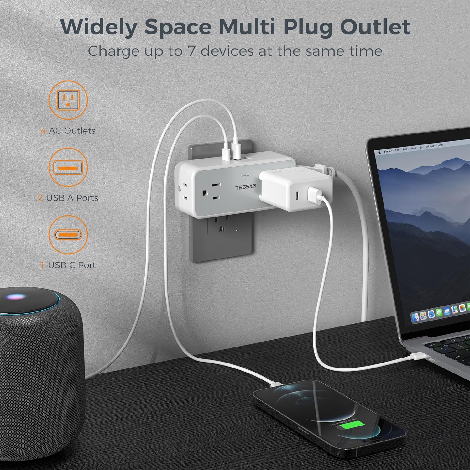 TESSAN 4 Wall Outlet Extender with 3 USB Wall Charger(1 USB C)