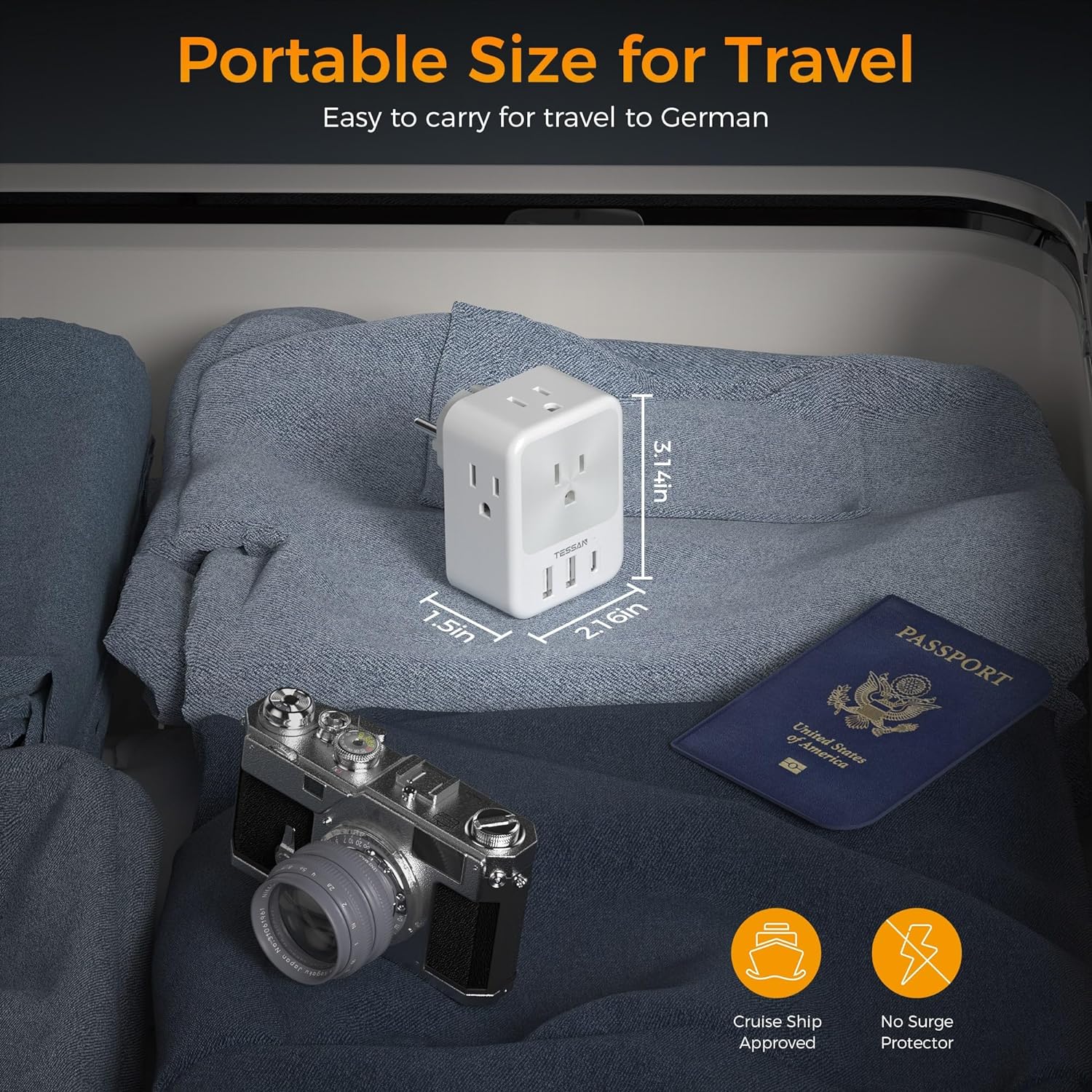 Germany France Travel Power Adapter, Schuko Adaptor with 4 Outlets 3 USB Ports (1 USB C)