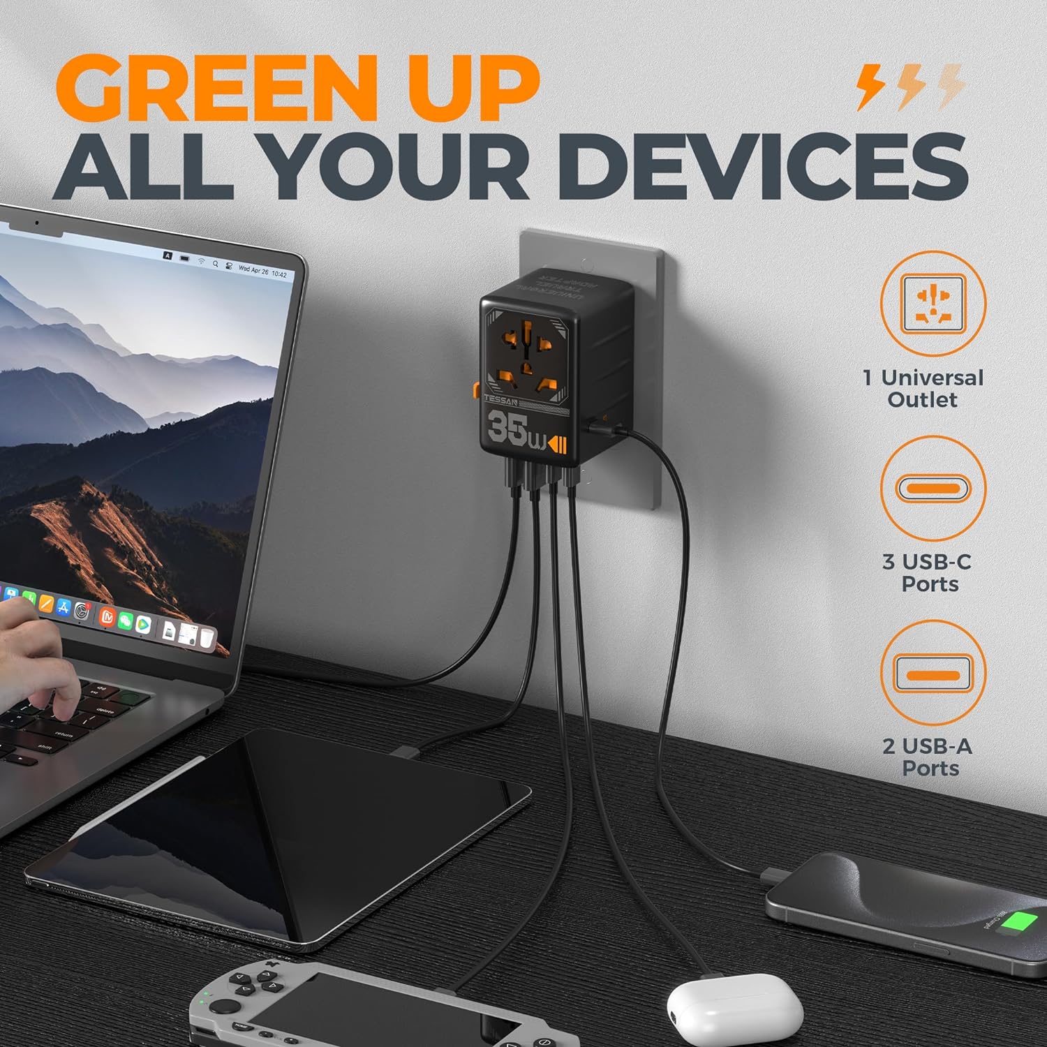 TESSAN International Plug Adaptor with 3 USB C and 2 USB A Charging Ports