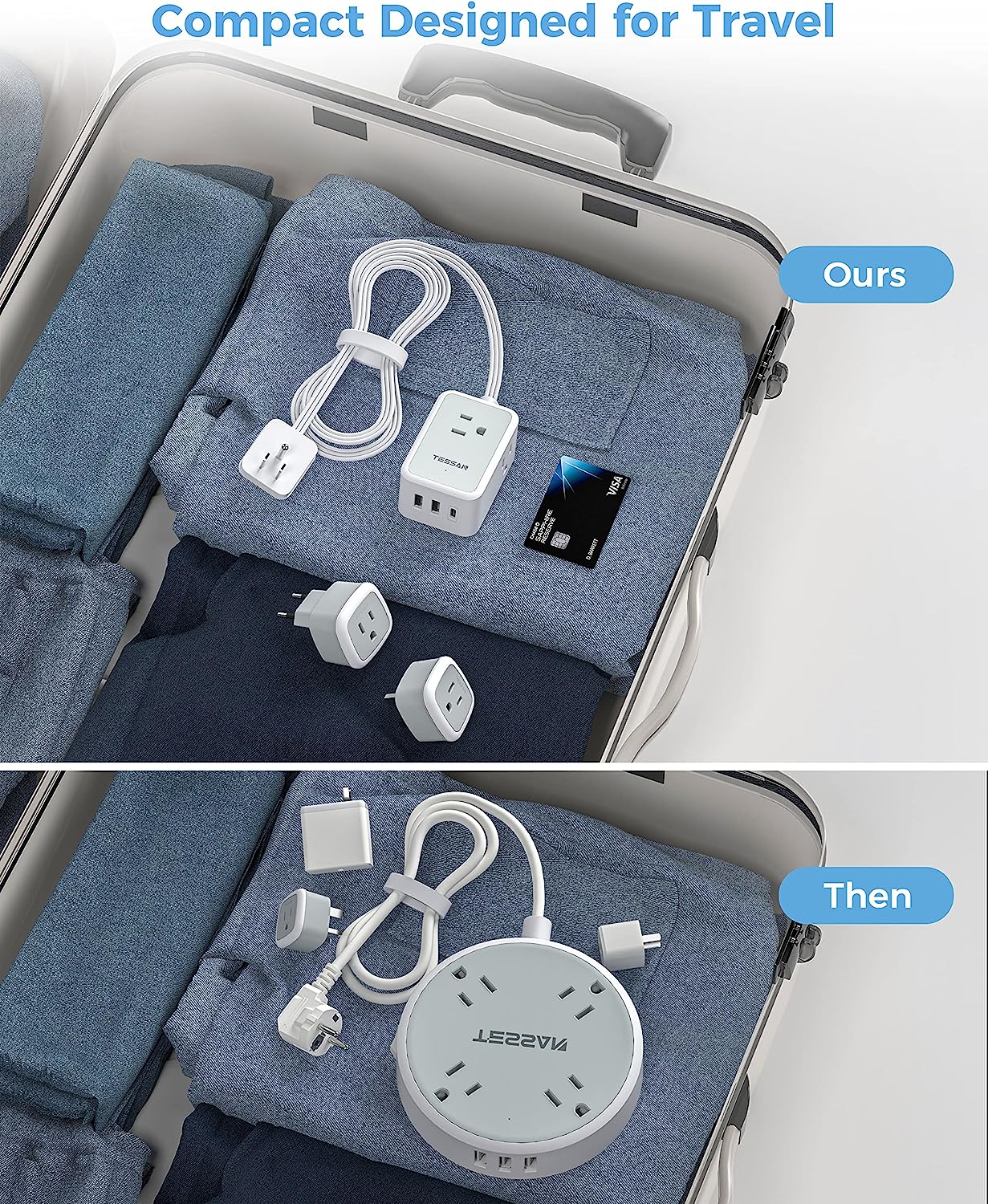 TESSAN European Travel Plug Adapter with Power Strip, EU UK Travel Extension Cord with 3 Outlet 3 USB (1 USB C)