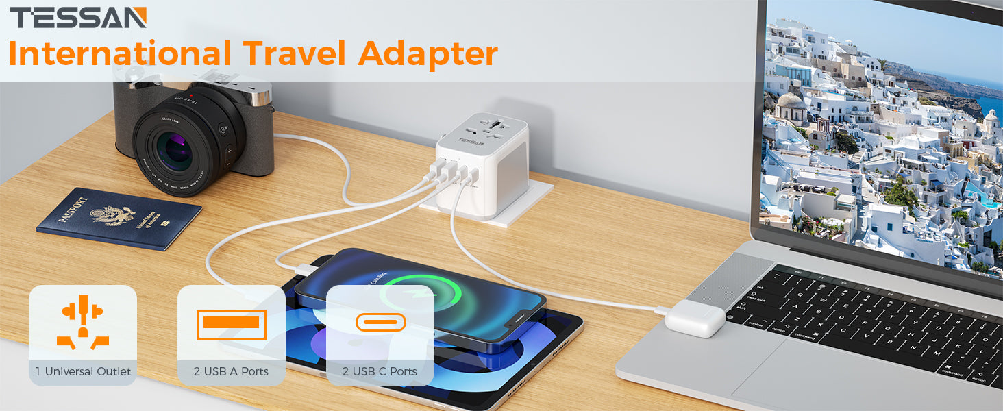 Universal Travel Adapter with 3 USB C and 2 USB Ports (Fast Charging PD 15W)