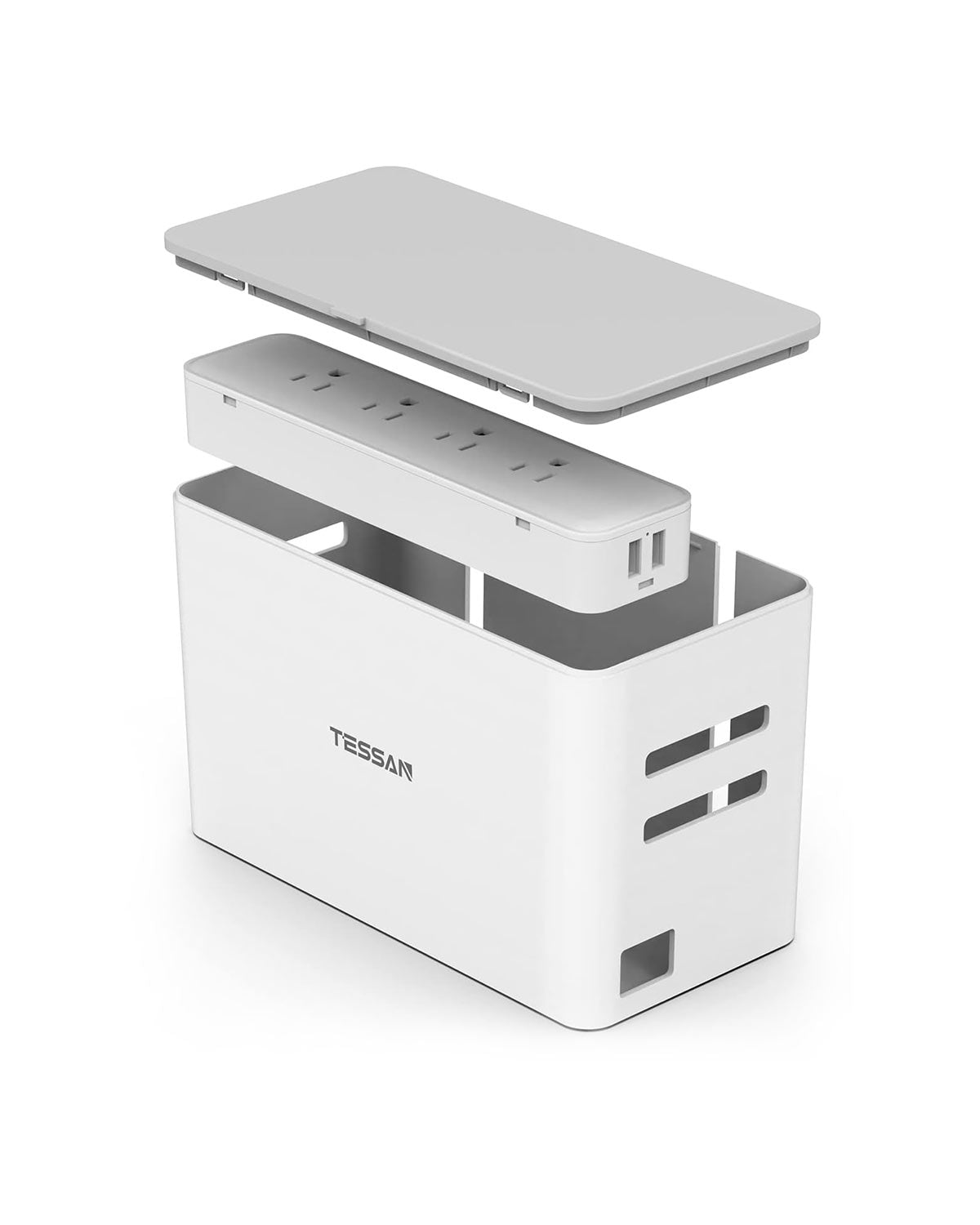 TESSAN 5 ft Flat Plug Extension Cord, 4 Outlets 2 USB Ports with Overload Switch, Power Strip with Cable Management Box