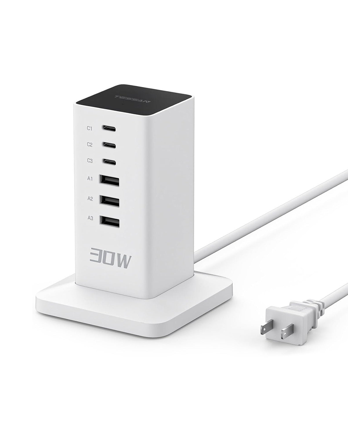 TESSAN 65W Desk Charging Station, 6 Port GaN USB Fast Charger Block Tower with 3 Outlets