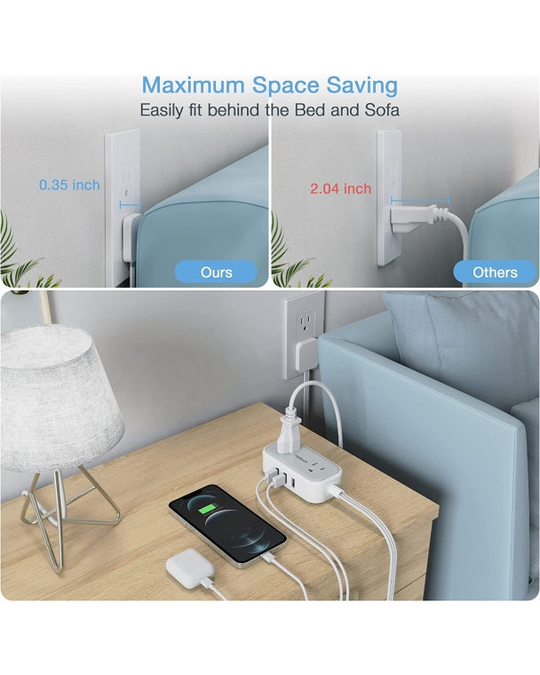 Travel Power Strip 5 FT Extension Cord Flat Plug With 2 Outlets 3 USB Ports