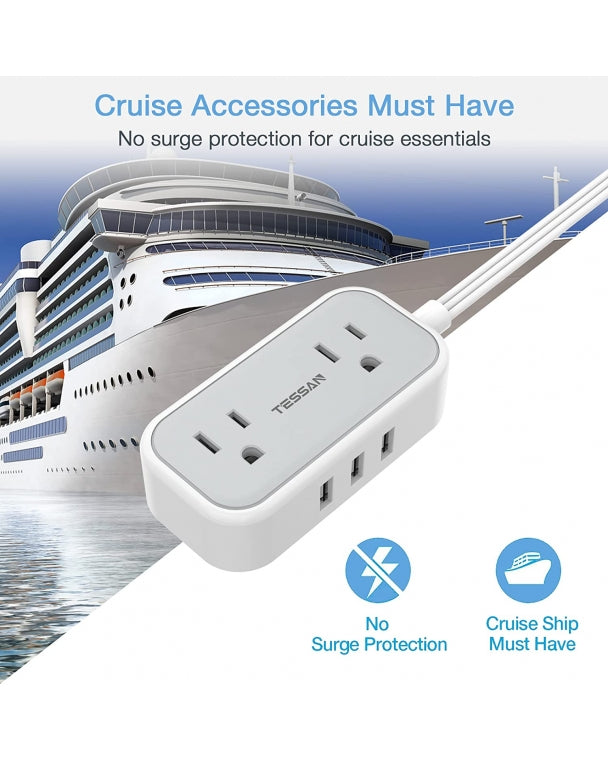 Travel Power Strip 5 FT Extension Cord Flat Plug With 2 Outlets 3 USB Ports