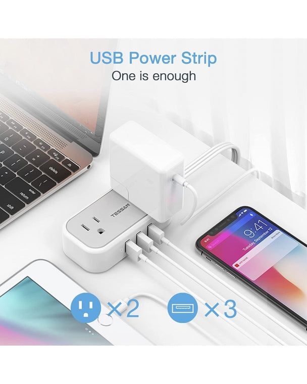 Travel Power Strip 5 FT Extension Cord Flat Plug With 2 Outlets 3 USB Ports