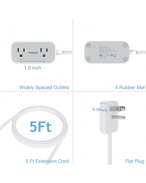 Travel Power Strip 5 FT Extension Cord Flat Plug With 2 Outlets 3 USB Ports