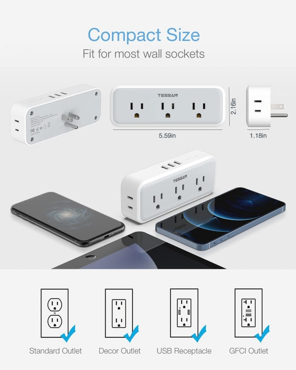 Surge Protector Multi Plug Outlet With 5 Electrical Outlet Extender 3 USB Wall Charger