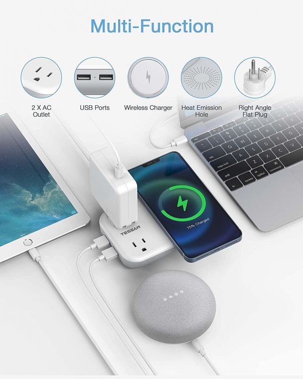 Wireless Charger Power Strip 4 FT Extension Cord With 2 Outlets 2 USB Ports