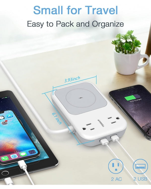 Wireless Charger Power Strip 4 FT Extension Cord With 2 Outlets 2 USB Ports
