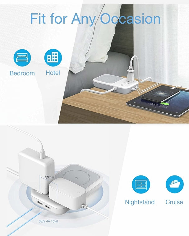 Wireless Charger Power Strip 4 FT Extension Cord With 2 Outlets 2 USB Ports