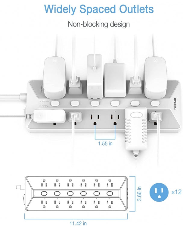 Individual Switches Surge Protector 6 FT Extension Cord With 12 Outlets 3 USB Ports