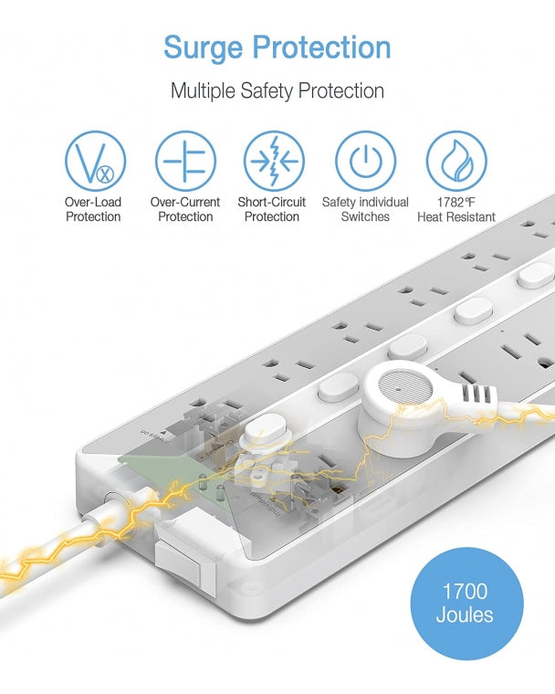 Individual Switches Surge Protector 6 FT Extension Cord With 12 Outlets 3 USB Ports