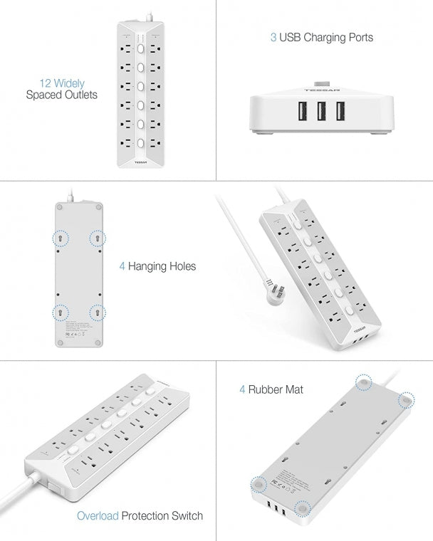 Individual Switches Surge Protector 6 FT Extension Cord With 12 Outlets 3 USB Ports