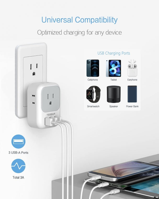 Home Multi Plug Outlet Extender With 4 Outlet Box Splitter 3 USB Wall Charger