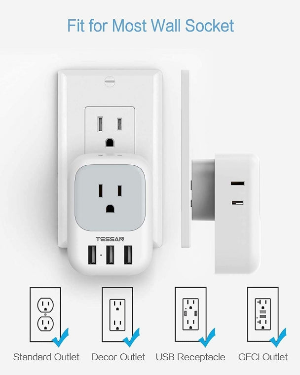 Home Multi Plug Outlet Extender With 4 Outlet Box Splitter 3 USB Wall Charger