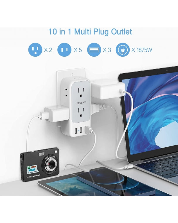 Dorm Essential Multi Plug Outlet Extender With 7 Outlet Splitter 3 USB Wall Charger