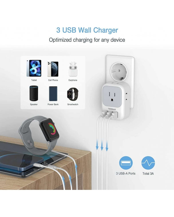 US To Europe Travel Plug Adapter With 3 USB Ports
