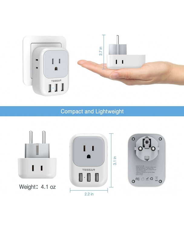 US To Europe Travel Plug Adapter With 3 USB Ports